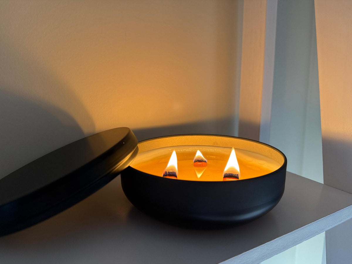 Custom Scented Candle Tin: 16 oz Soy Wax Wooden Wick Candle